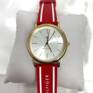 Tommy Hilfiger Mens Gold-Tone White Dial Red Silicone Strap Watch